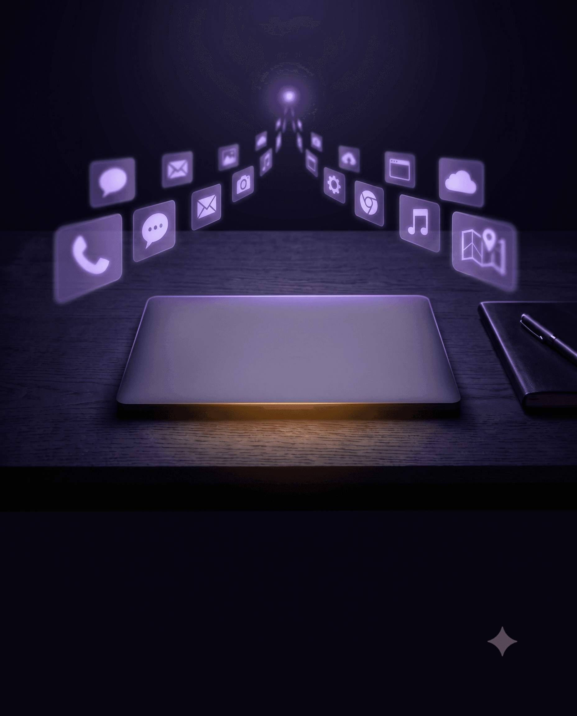 Floating app icons converging into a single laptop