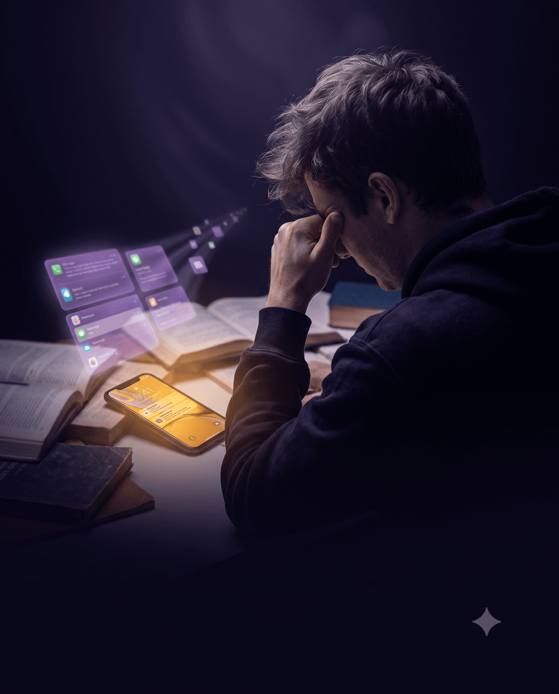 A distracted, fatigued student in a dim room